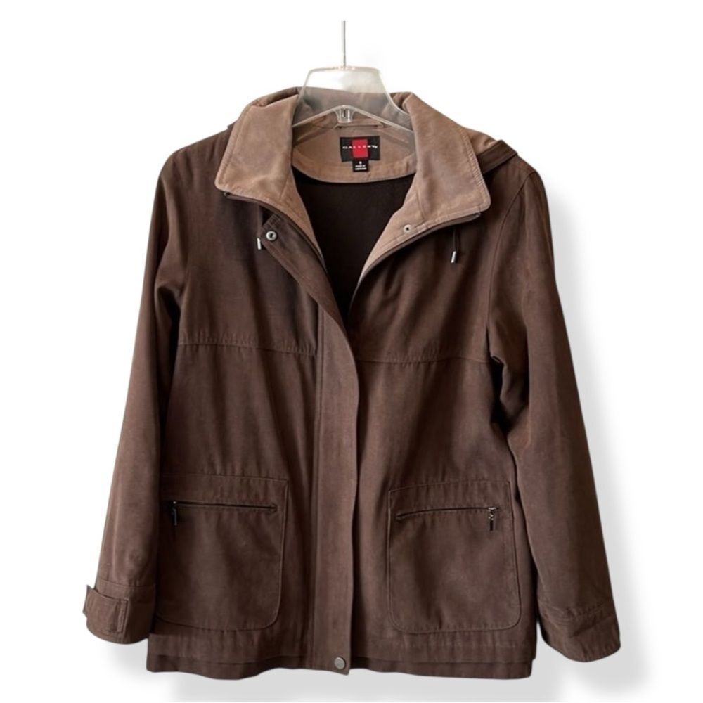 Gallery Vegan Suede Hooded Zip Front Jacket Medium Weight Coat Brown S